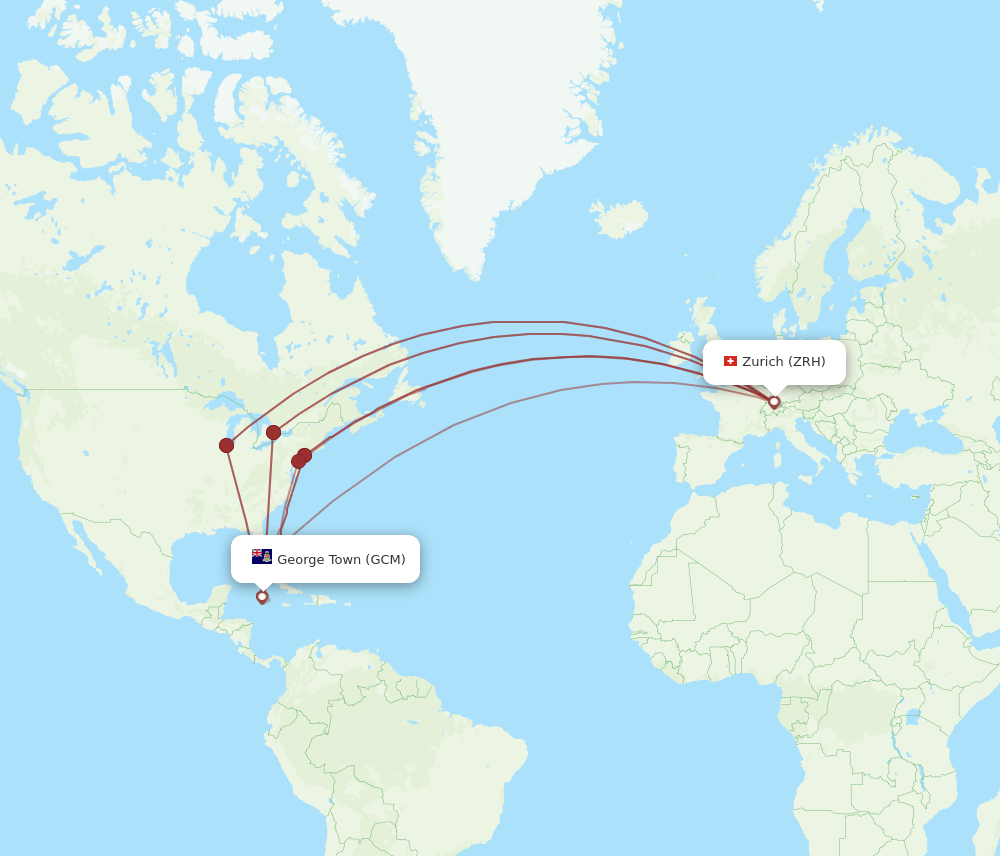 Zurich - Grand Cayman Island route map and flight paths