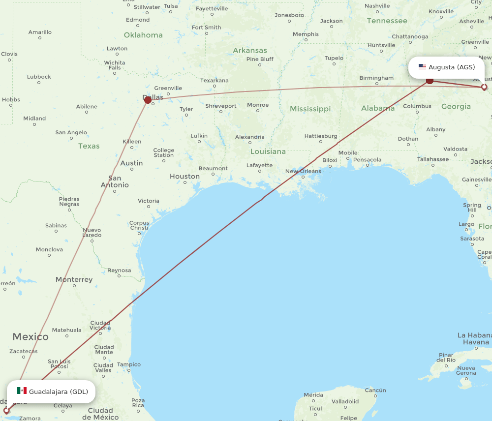 GDL-AGS flight routes