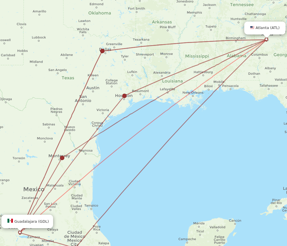 GDL to ATL flights and routes map