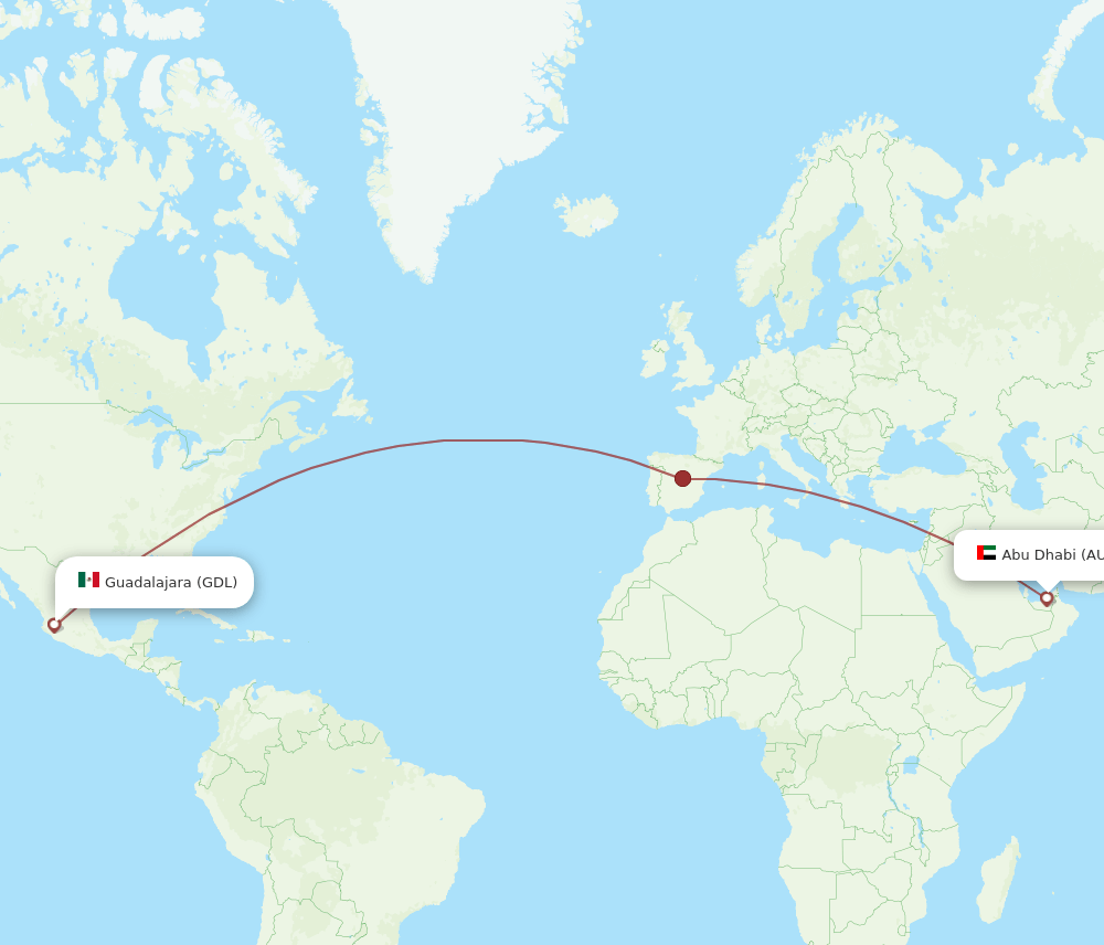Abu Dhabi - Guadalajara route map and flight paths