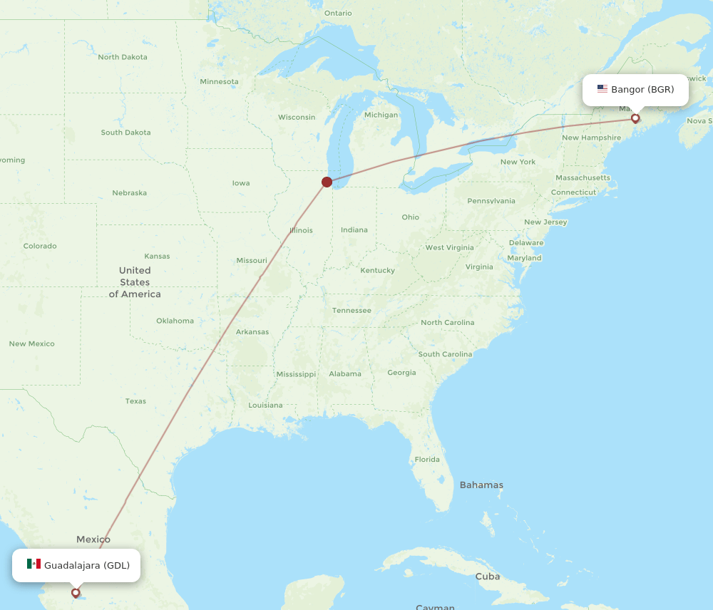 GDL to BGR flights and routes map