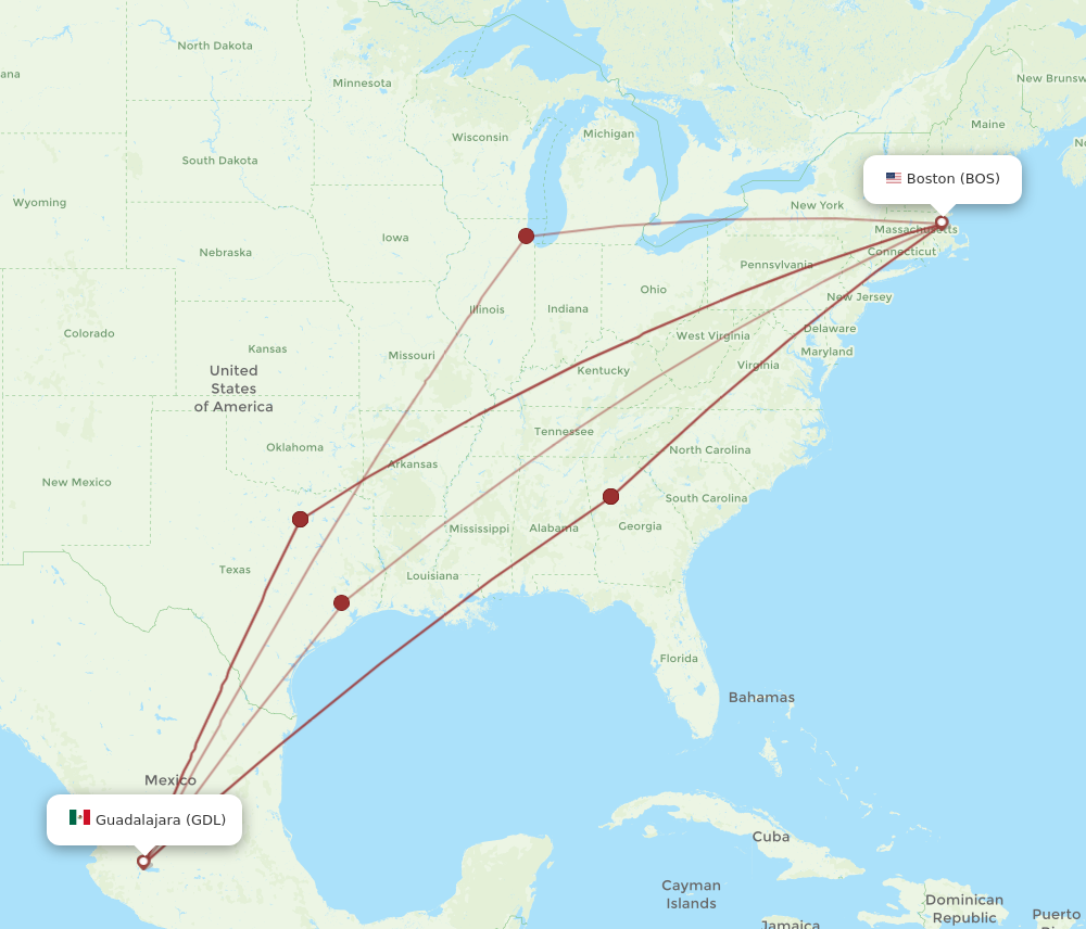 GDL to BOS flights and routes map