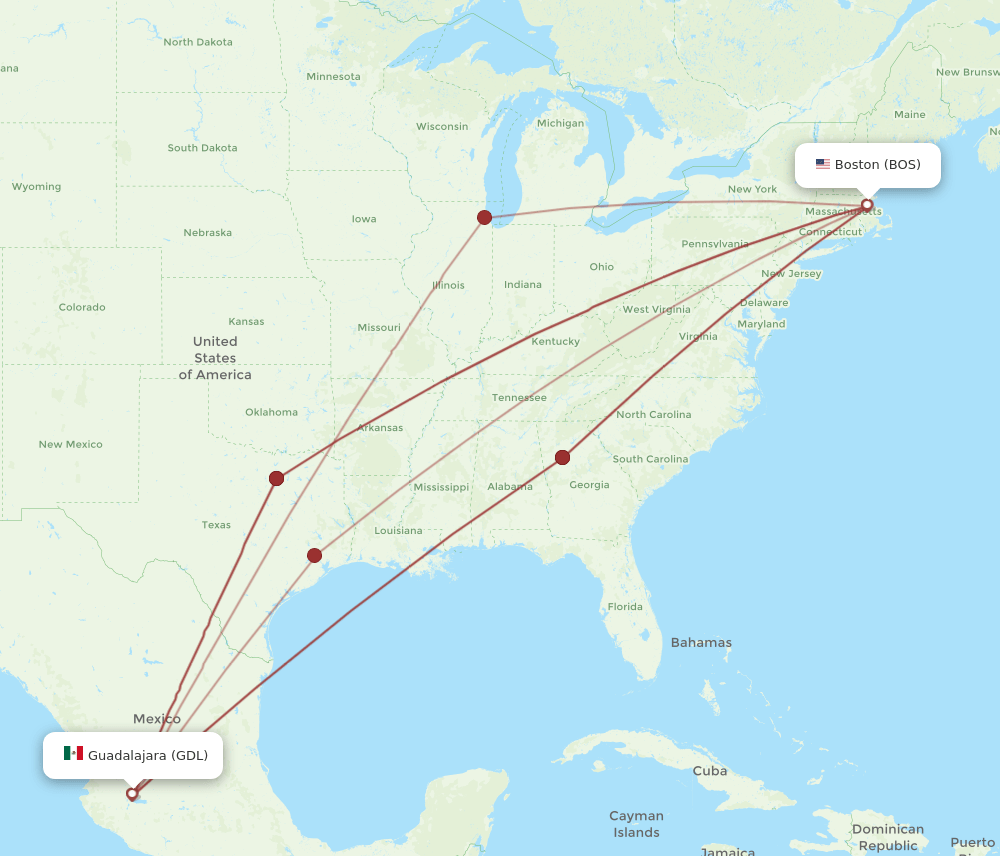 GDL-BOS flight routes