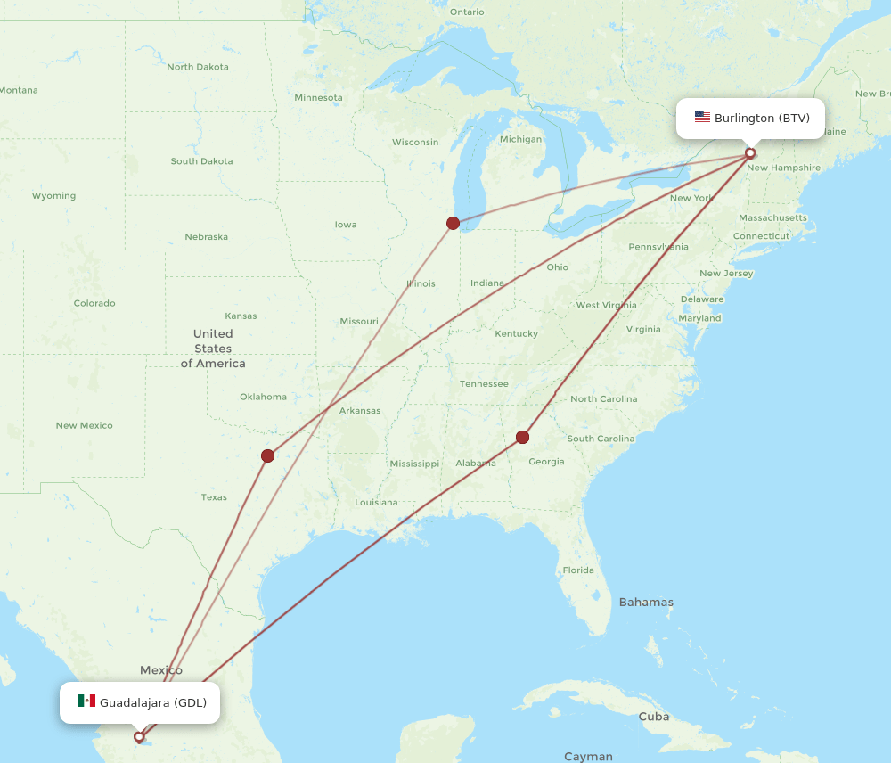 GDL-BTV flight routes