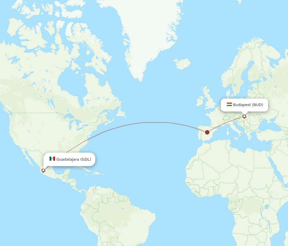 GDL to BUD flights and routes map