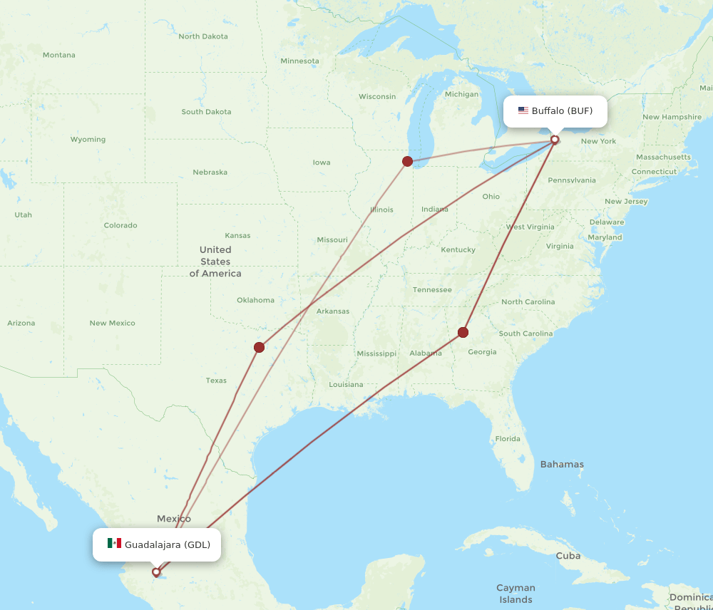 GDL-BUF flight routes