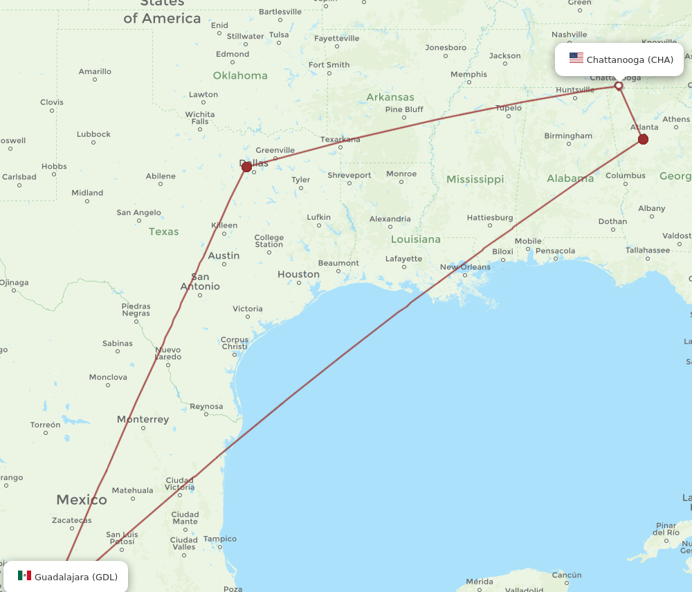 GDL-CHA flight routes