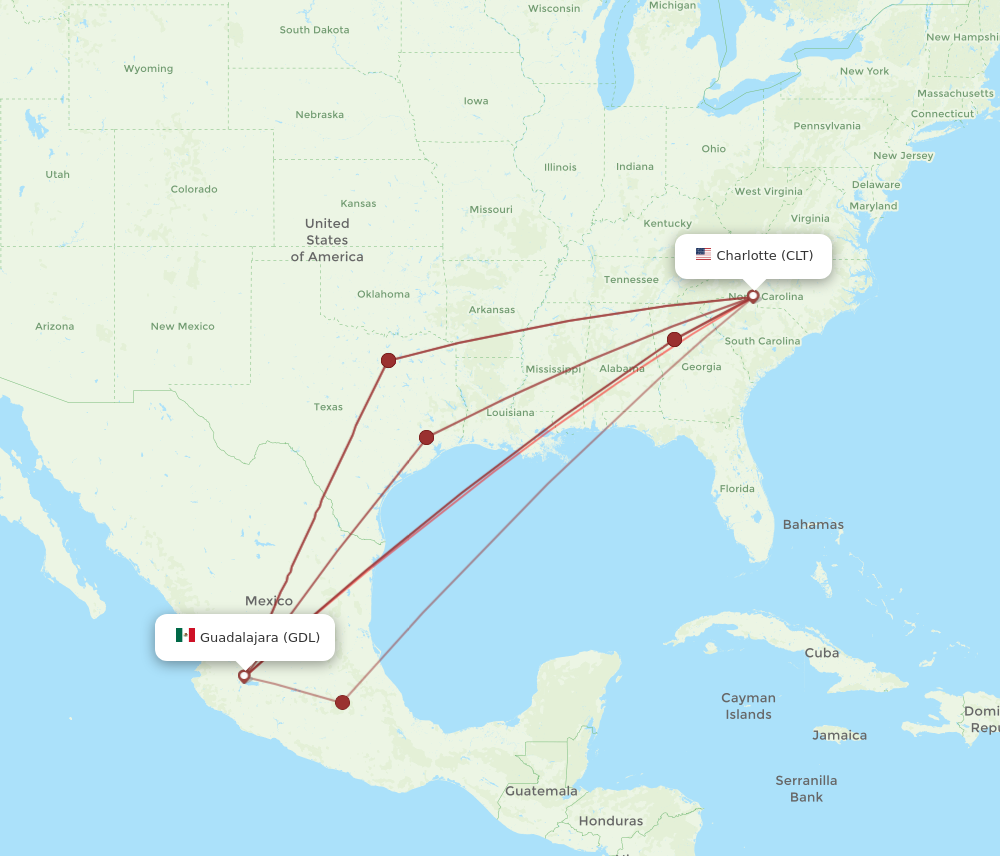 GDL to CLT flights and routes map