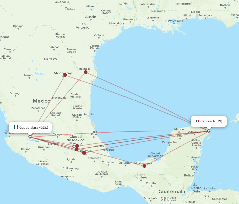 GDL to CUN flights and routes map