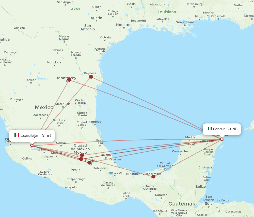 GDL-CUN flight routes