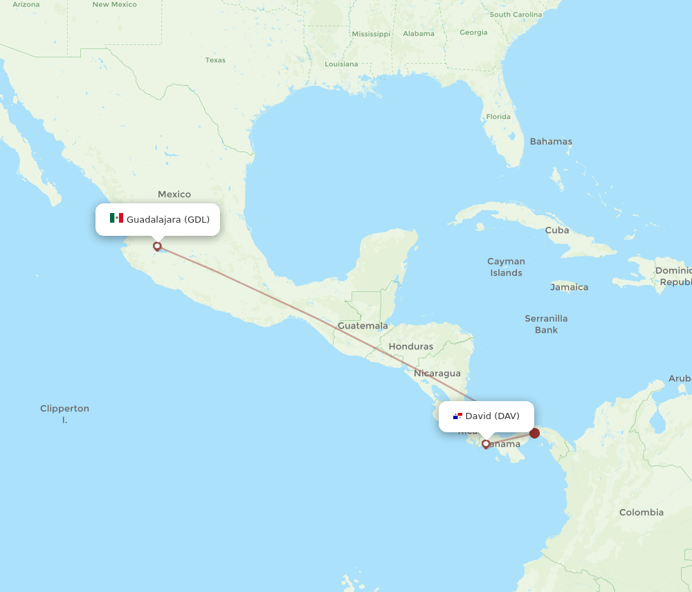 GDL-DAV flight routes