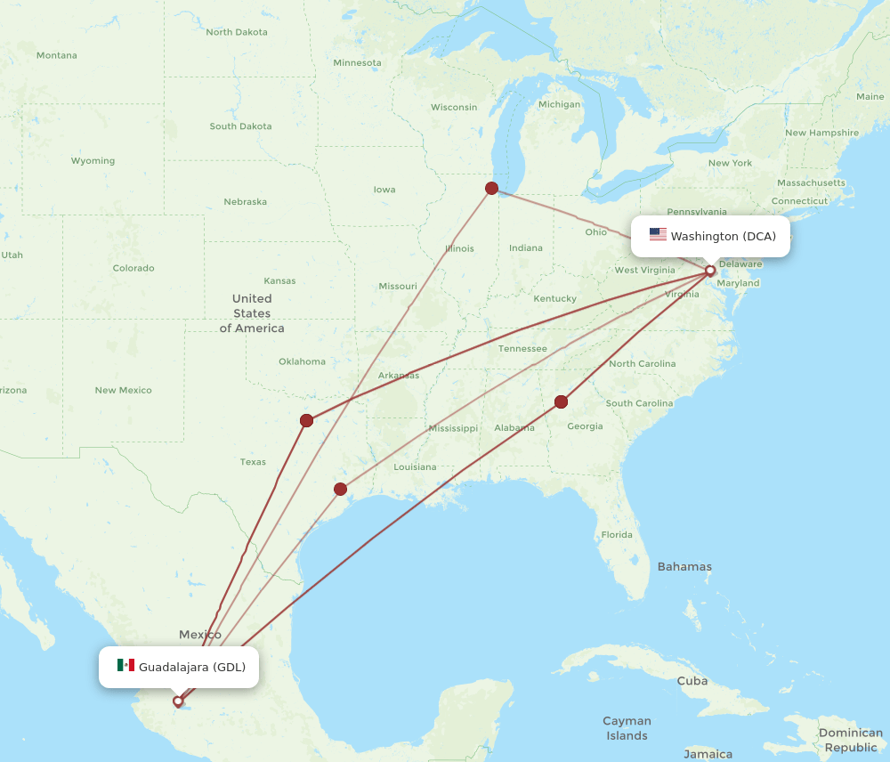 GDL-DCA flight routes
