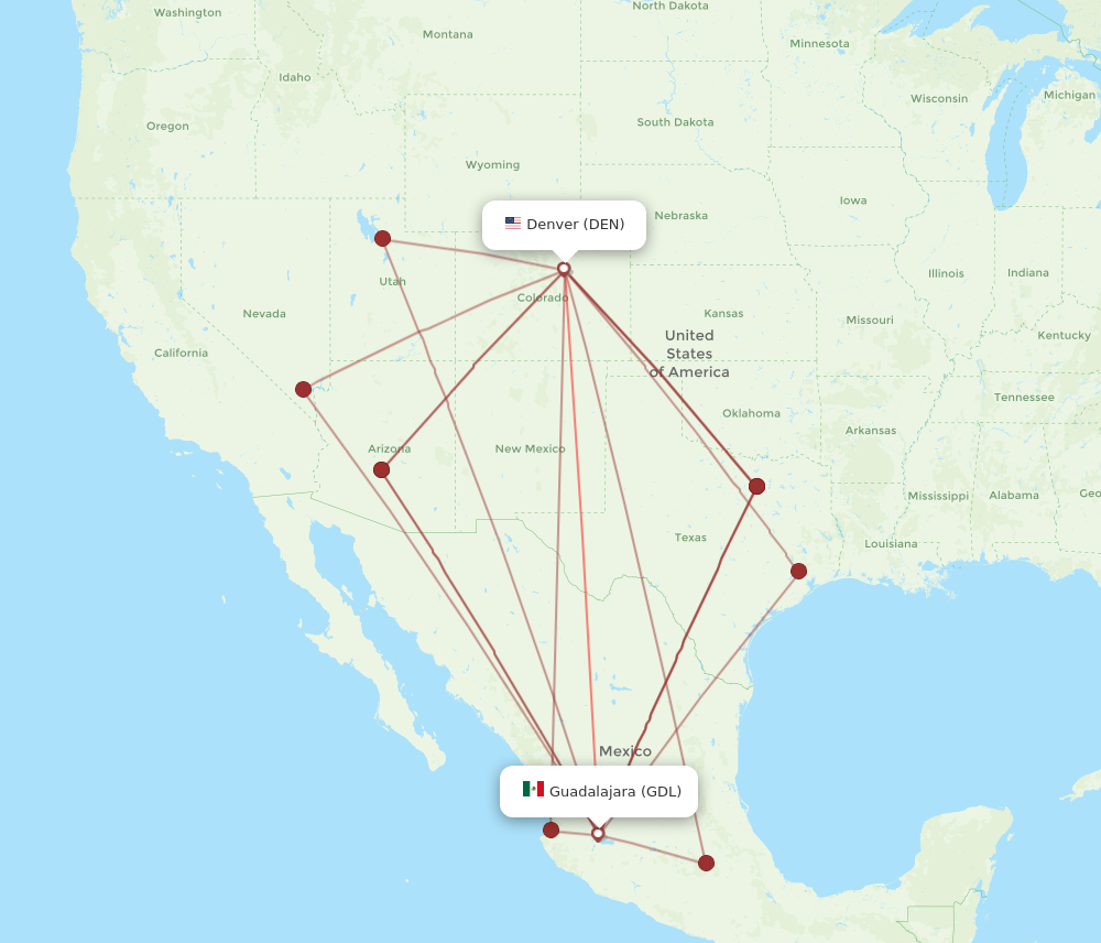 GDL to DEN flights and routes map