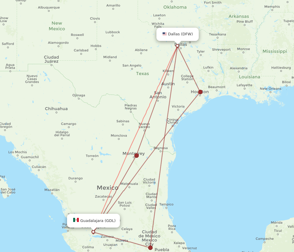 GDL to DFW flights and routes map