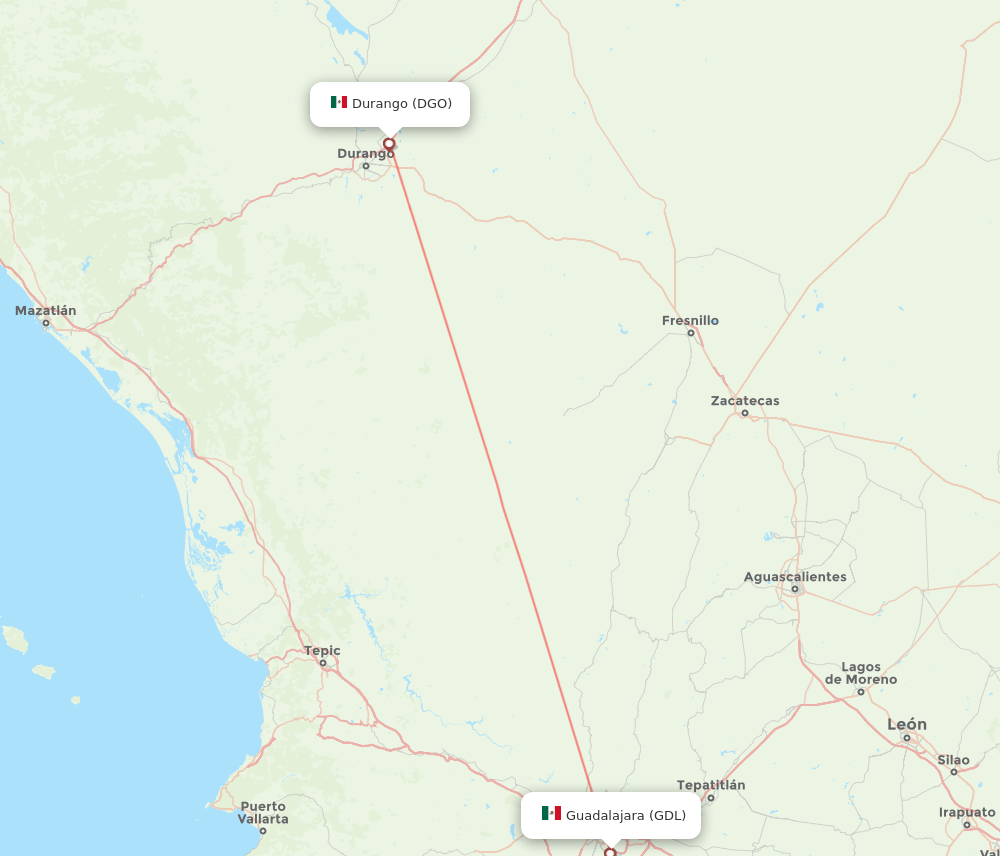 Guadalajara - Durango route map and flight paths