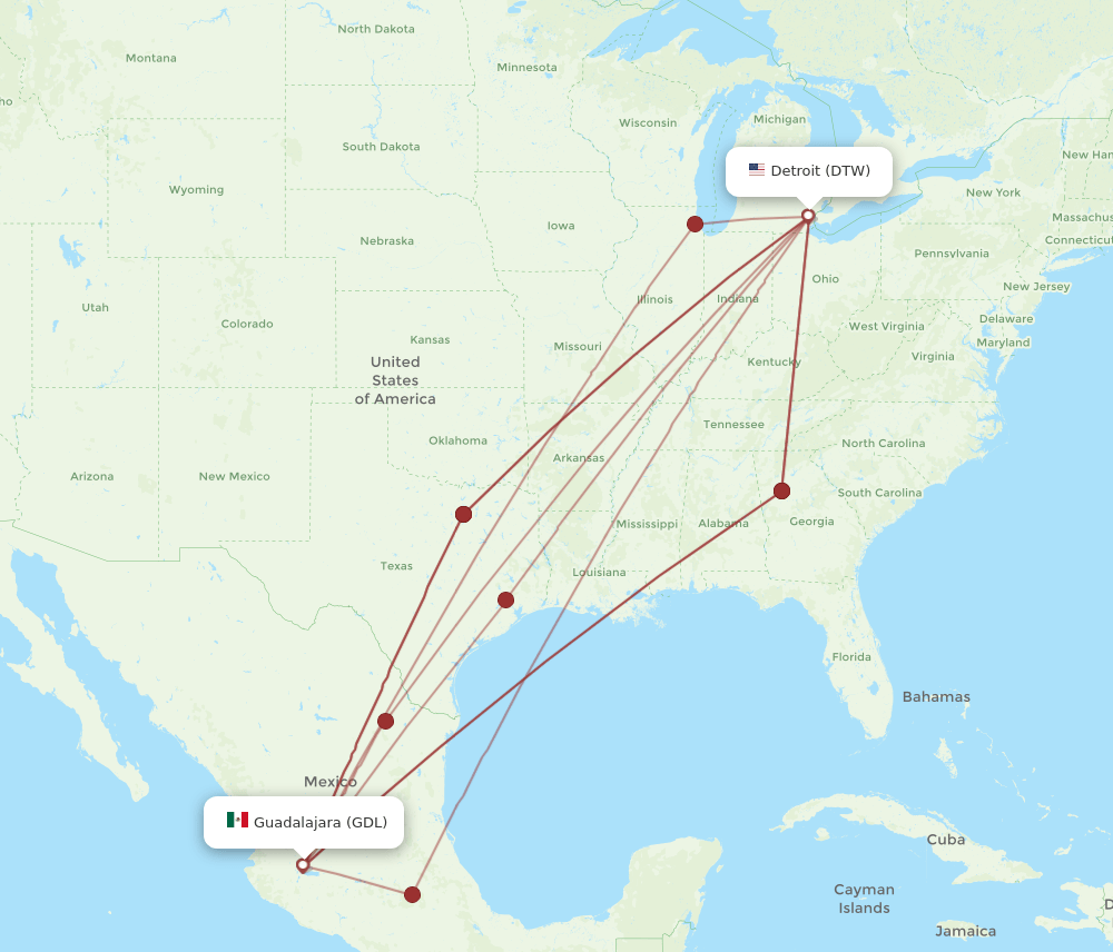 GDL-DTW flight routes