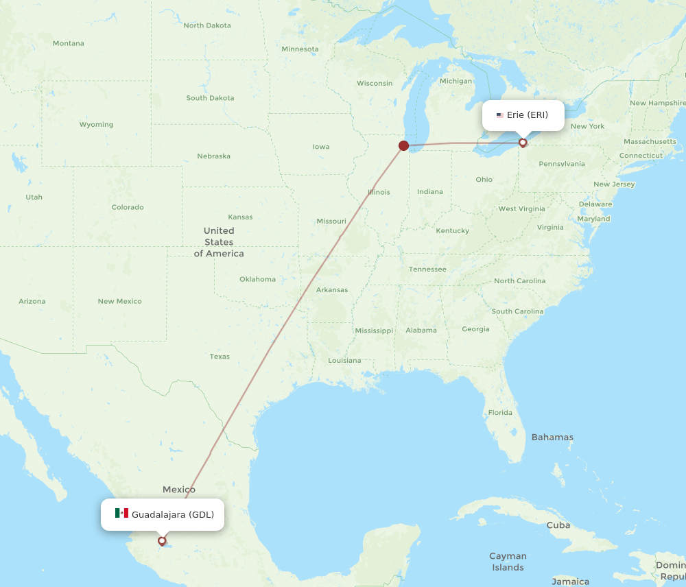 Guadalajara - Erie route map and flight paths