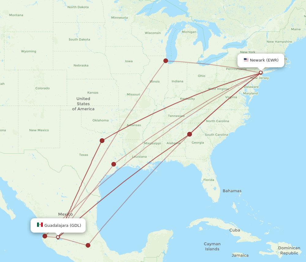 GDL to EWR flights and routes map