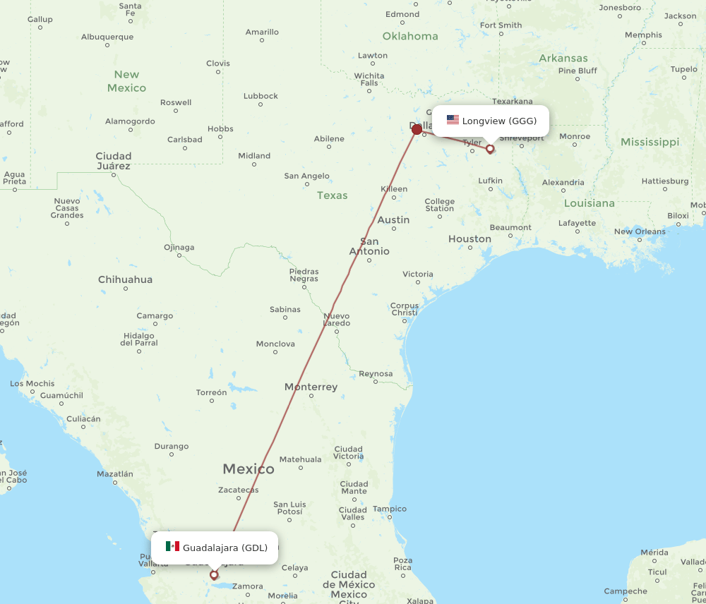 GDL-GGG flight routes