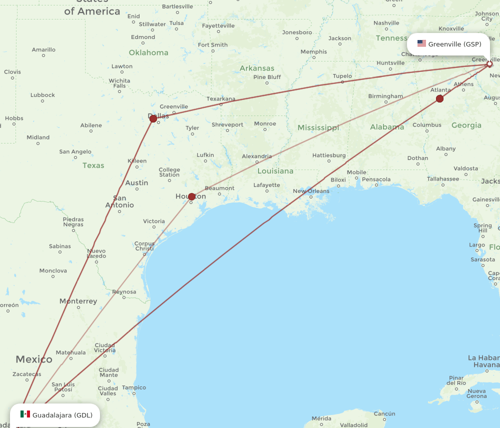 GDL-GSP flight routes