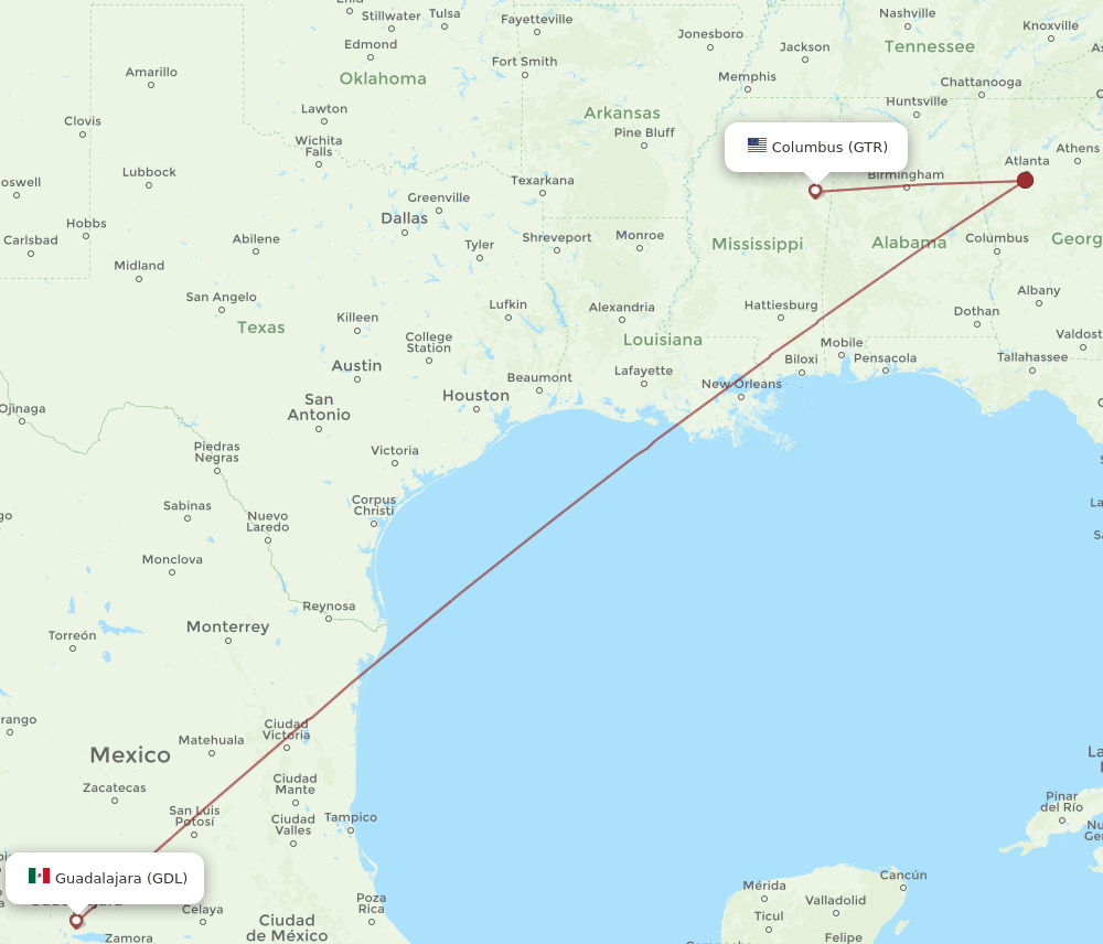 GDL-GTR flight routes