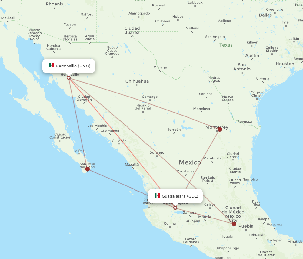 GDL to HMO flights and routes map