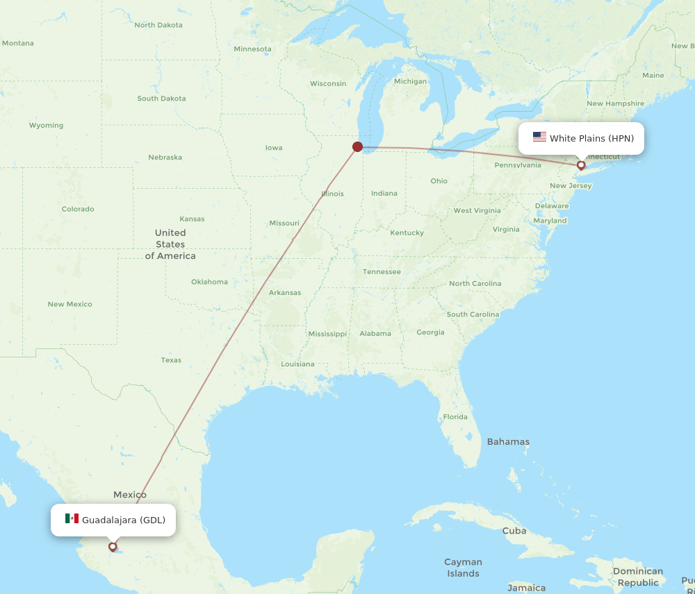Guadalajara - Westchester County route map and flight paths