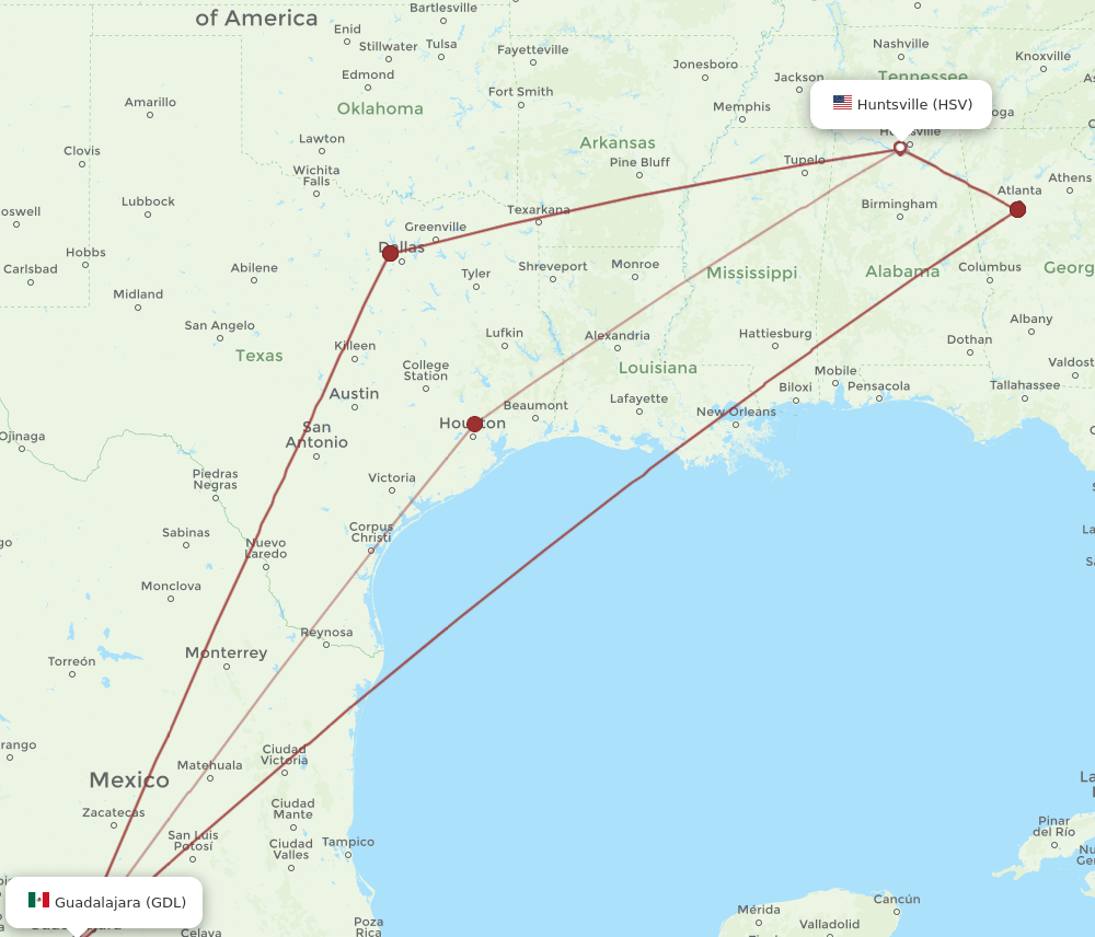 GDL-HSV flight routes