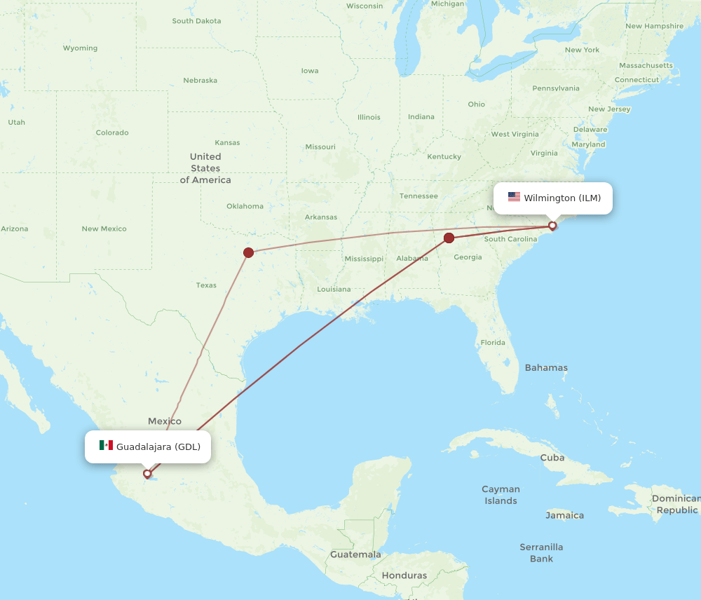GDL to ILM flights and routes map
