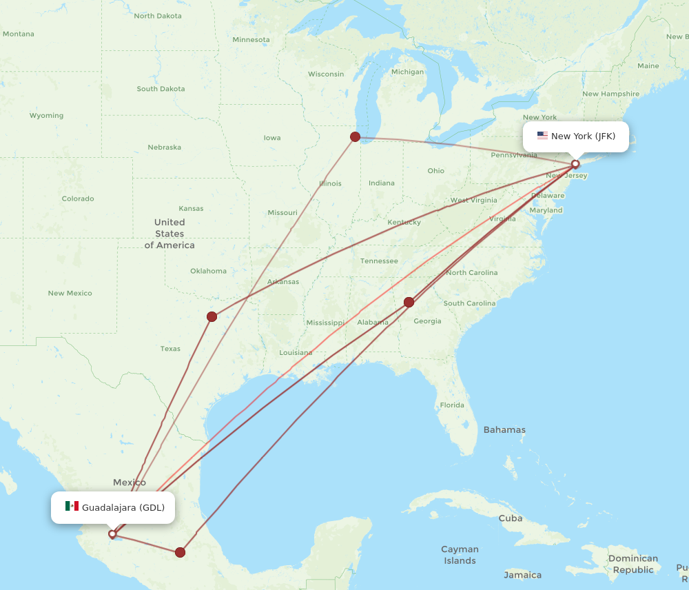 GDL to JFK flights and routes map