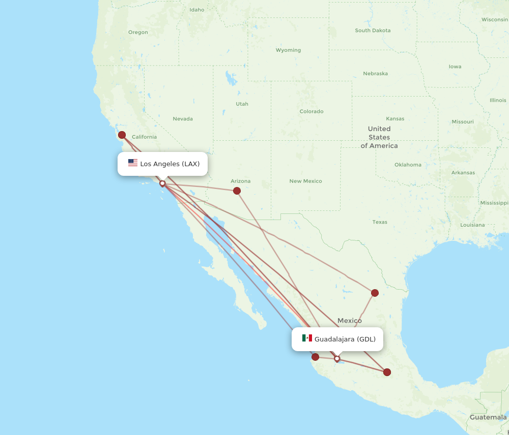 GDL to LAX flights and routes map