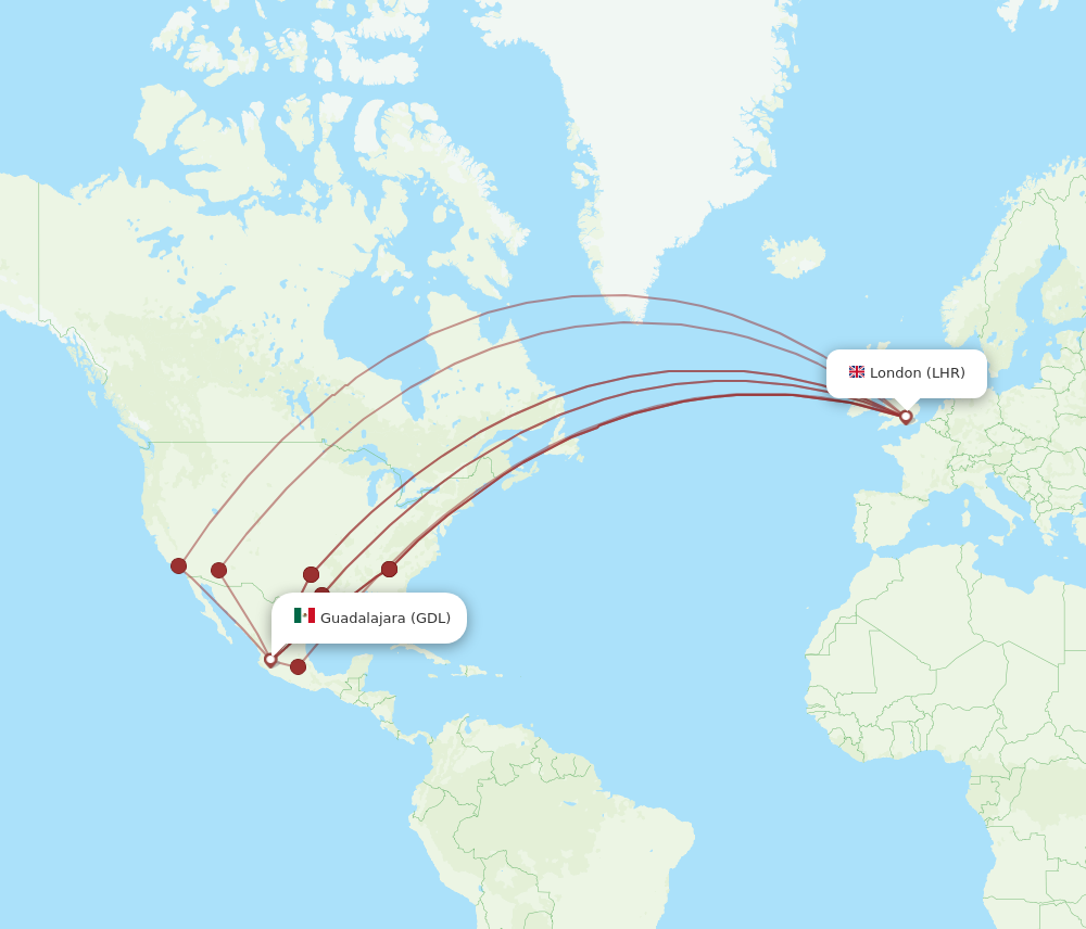 GDL to LHR flights and routes map