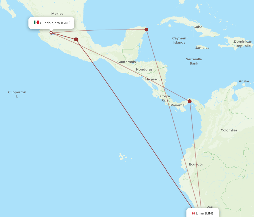 GDL to LIM flights and routes map