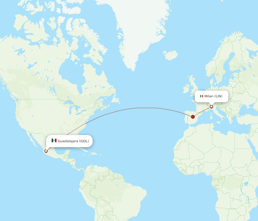 Milan - Guadalajara route map and flight paths