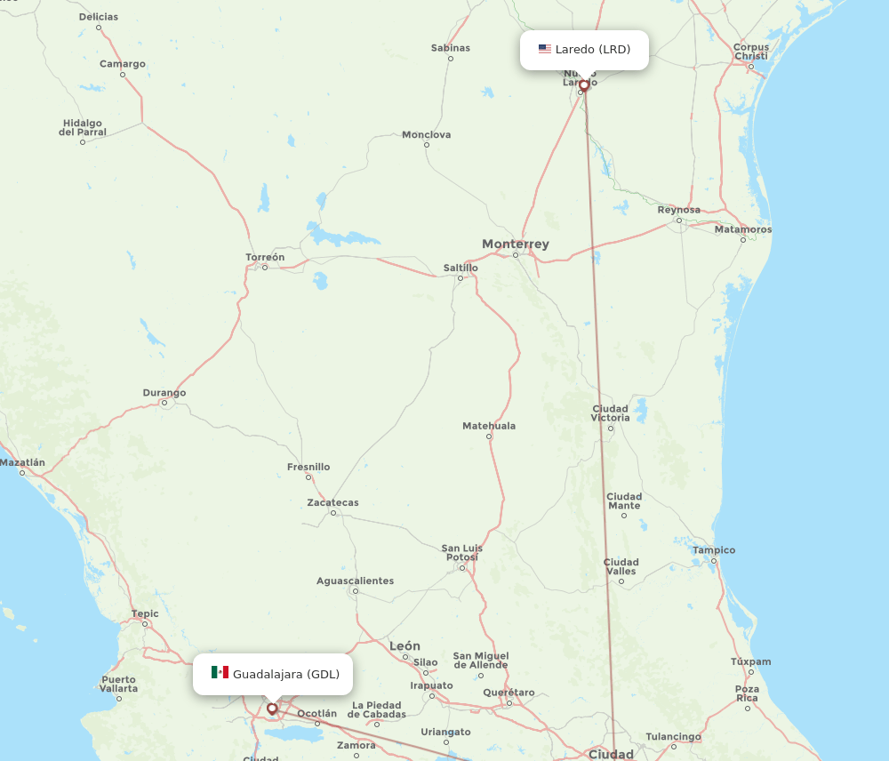 GDL to LRD flights and routes map
