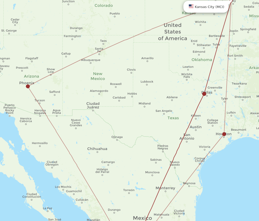 GDL-MCI flight routes