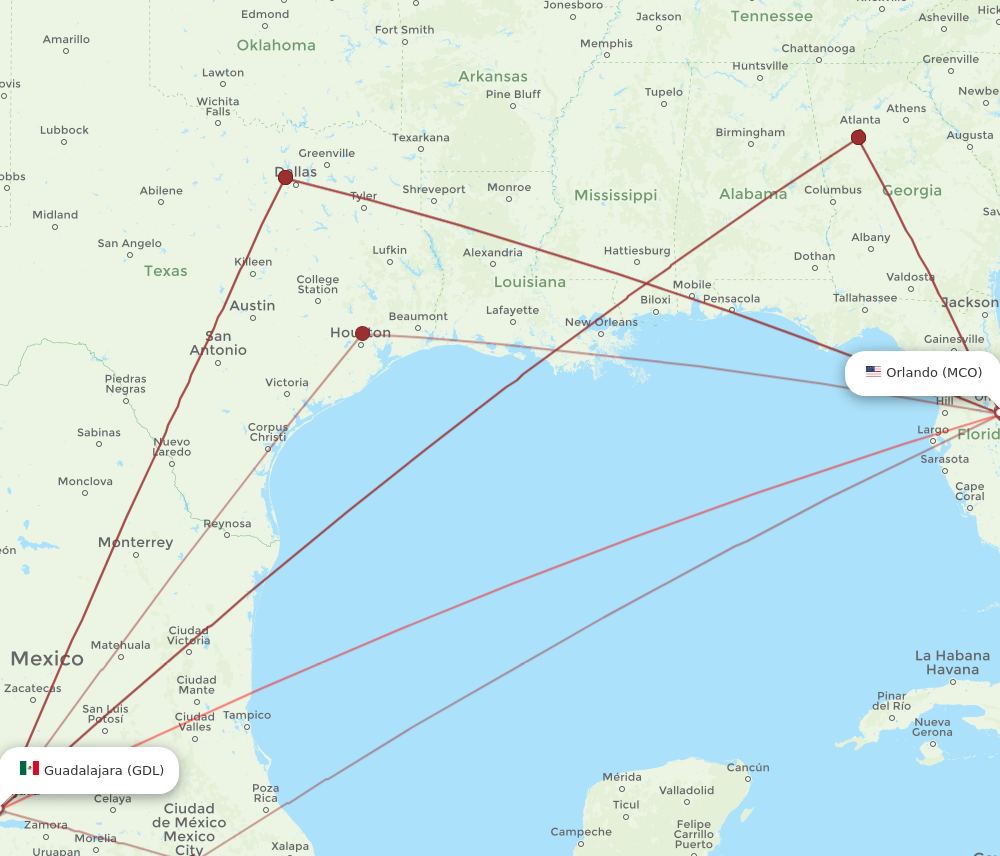 GDL to MCO flights and routes map