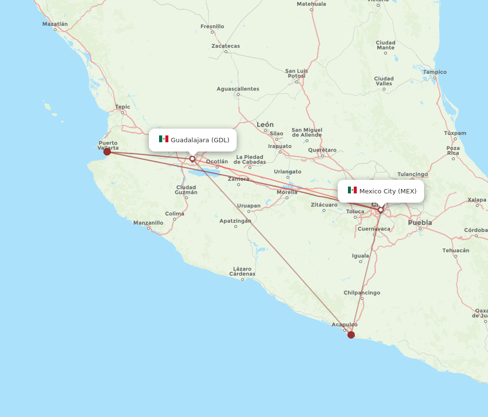 GDL to MEX flights and routes map