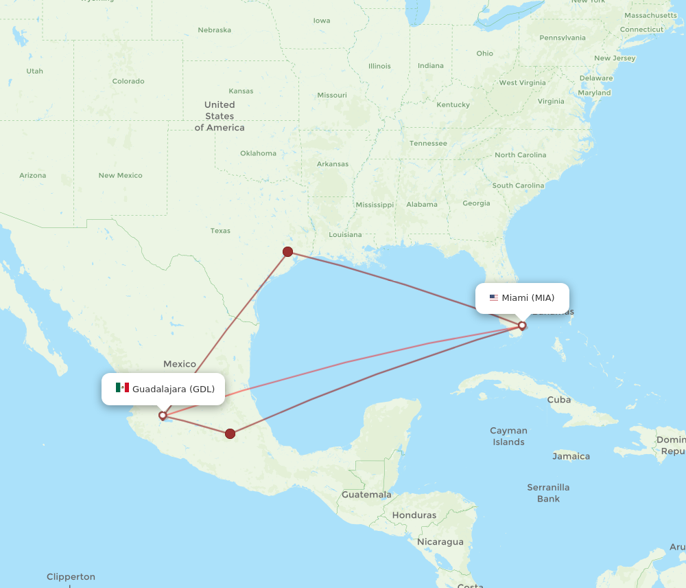 GDL to MIA flights and routes map