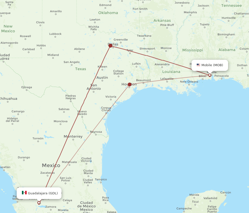 GDL to MOB flights and routes map