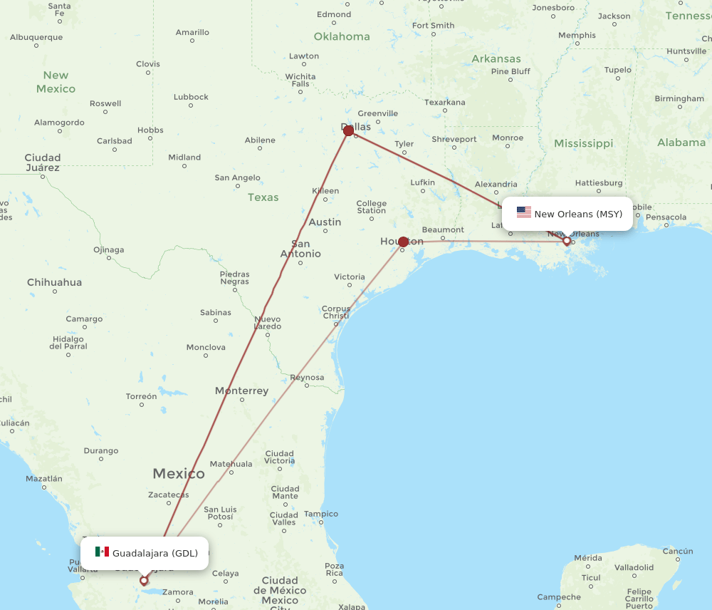 GDL to MSY flights and routes map