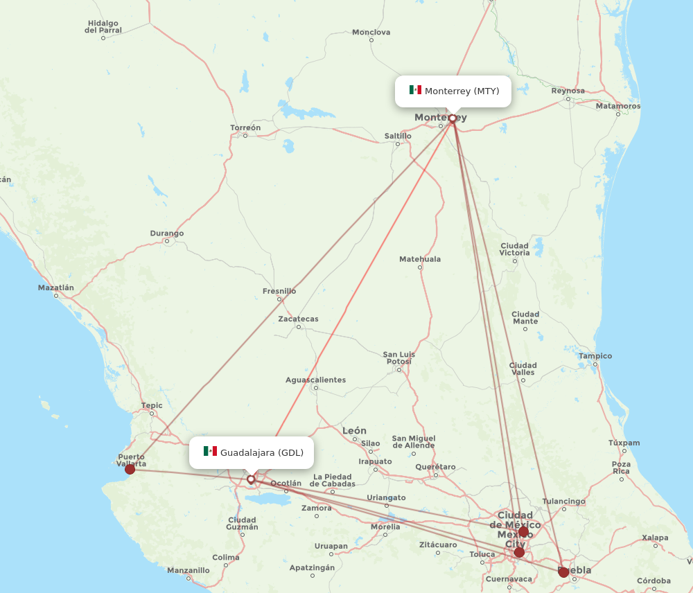 GDL to MTY flights and routes map