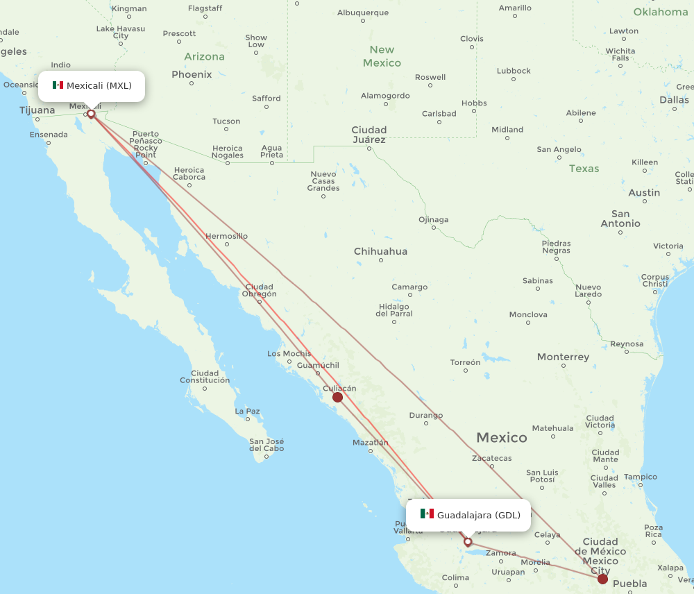 GDL to MXL flights and routes map