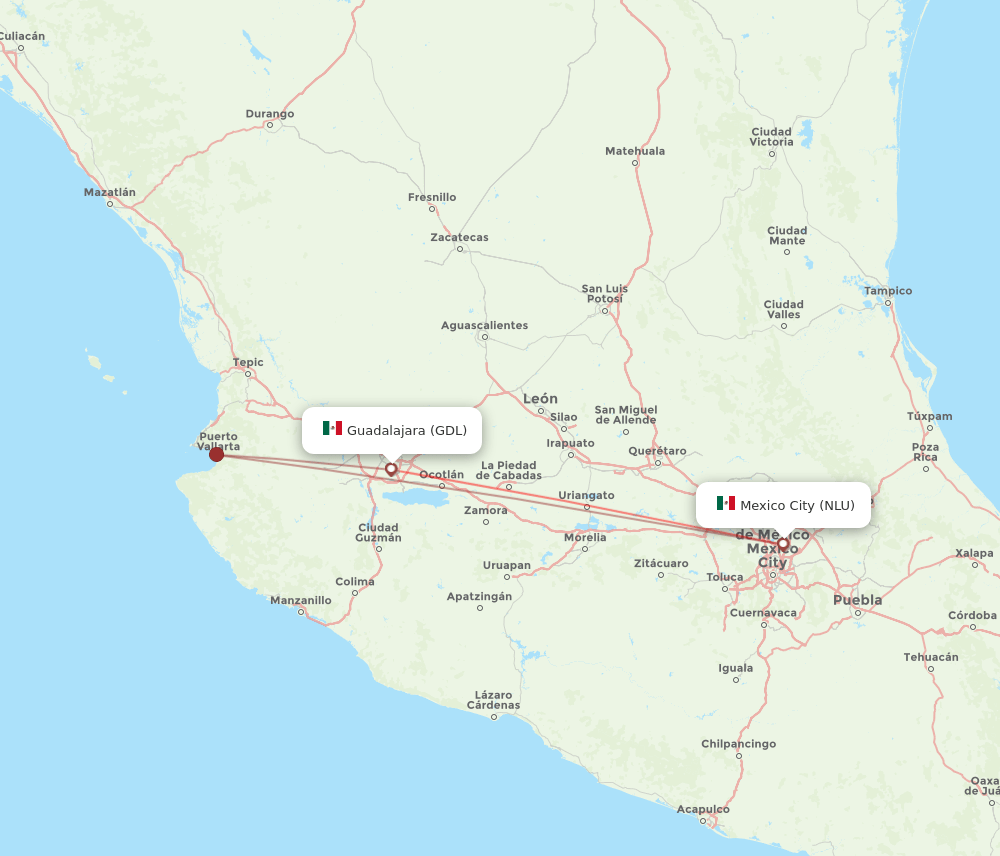 Guadalajara - Mexico City route map and flight paths