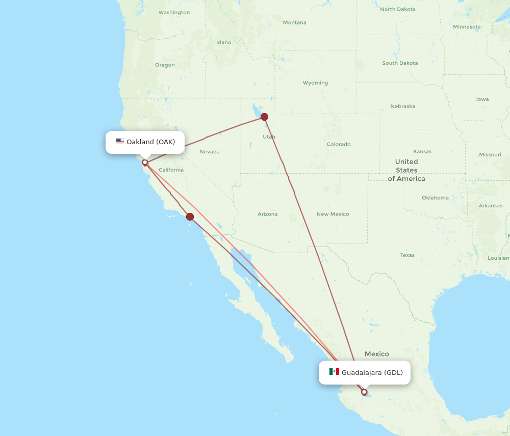 GDL to OAK flights and routes map