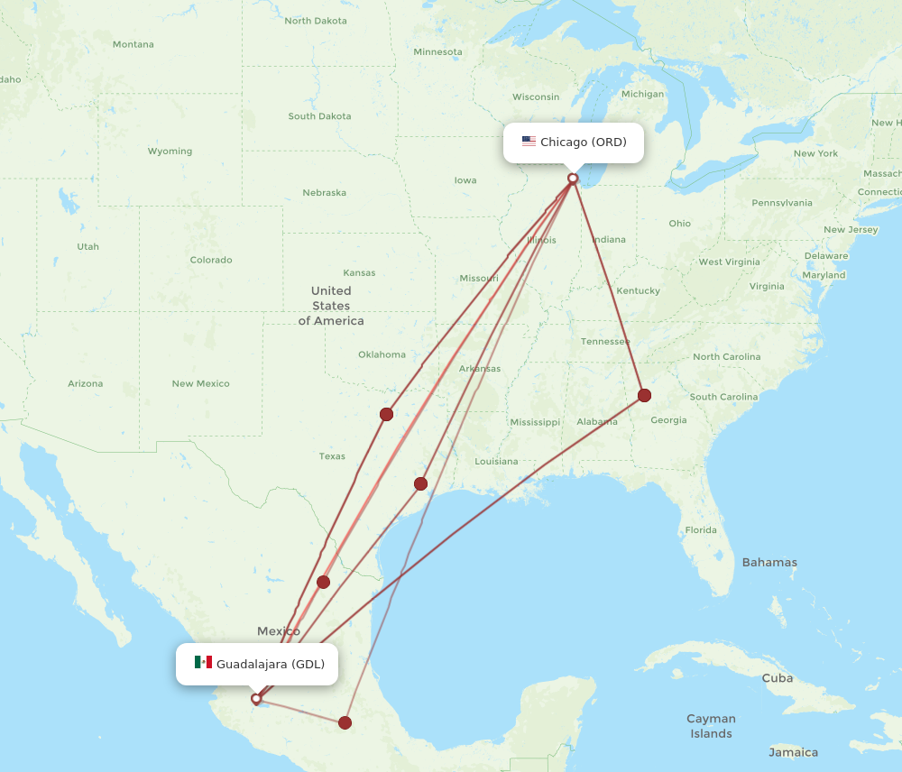 GDL to ORD flights and routes map