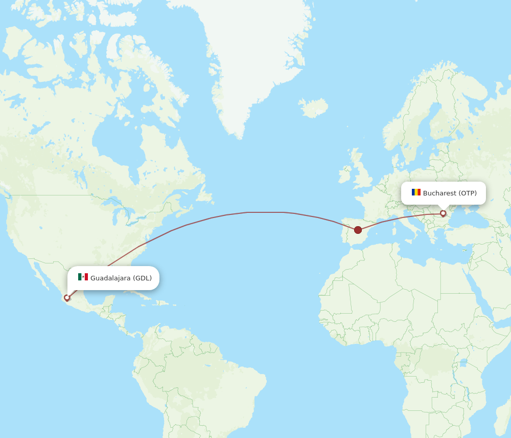 Bucharest - Guadalajara route map and flight paths