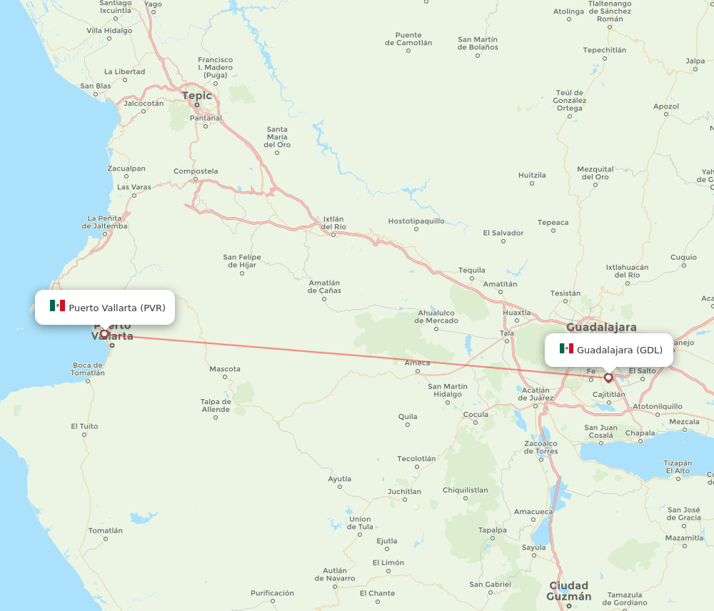 Guadalajara - Puerto Vallarta route map and flight paths