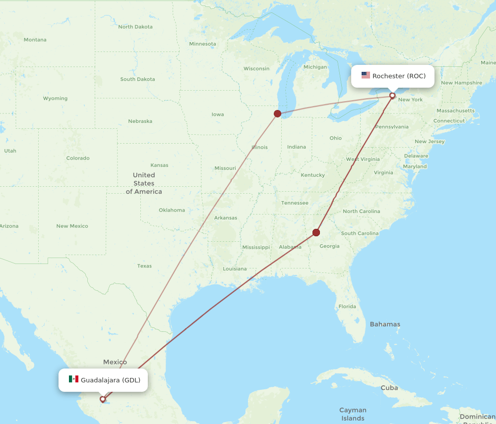 GDL-ROC flight routes