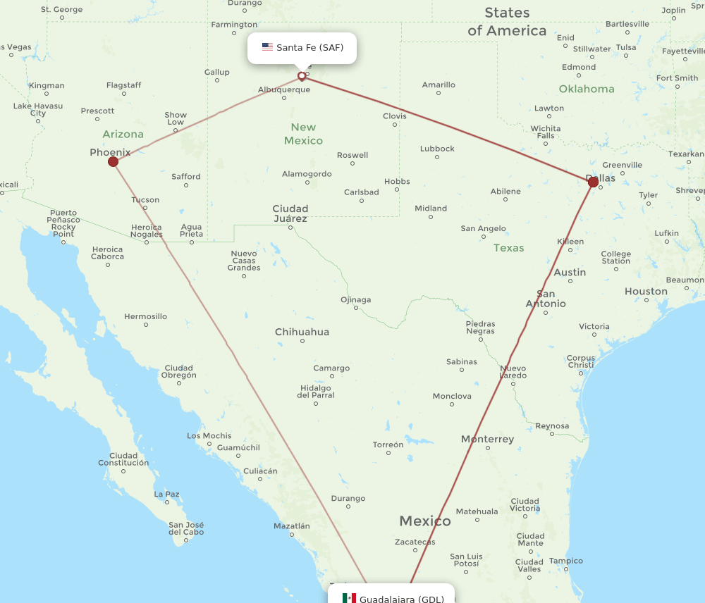 GDL to SAF flights and routes map
